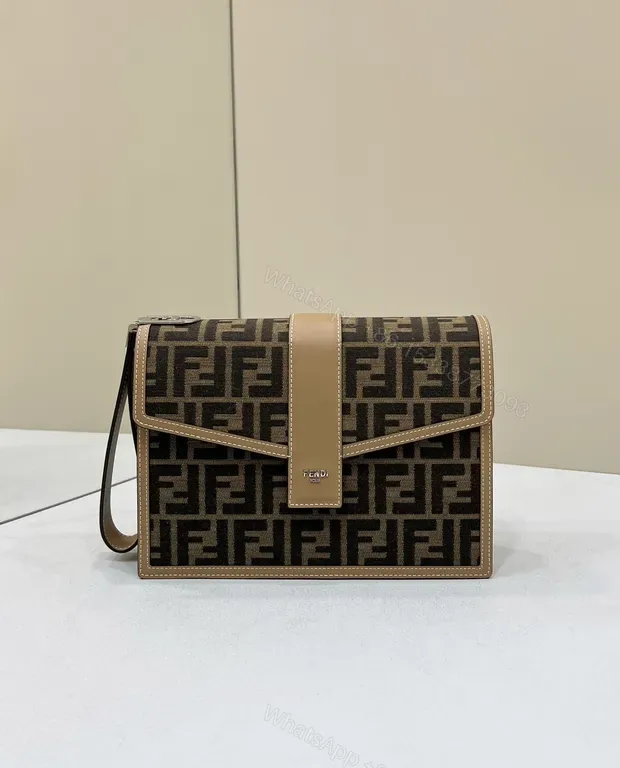 View 1 of Structured Fendi-Style Monogram Leather-Trim Shoulder Bag