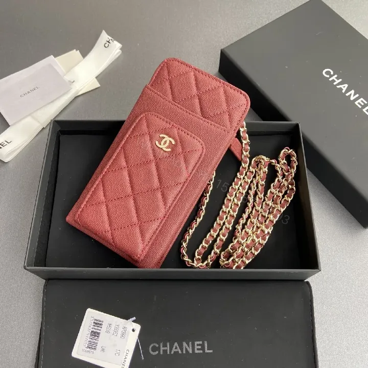 View 1 of Red Quilted Wallet Bag with Gold Chain Strap