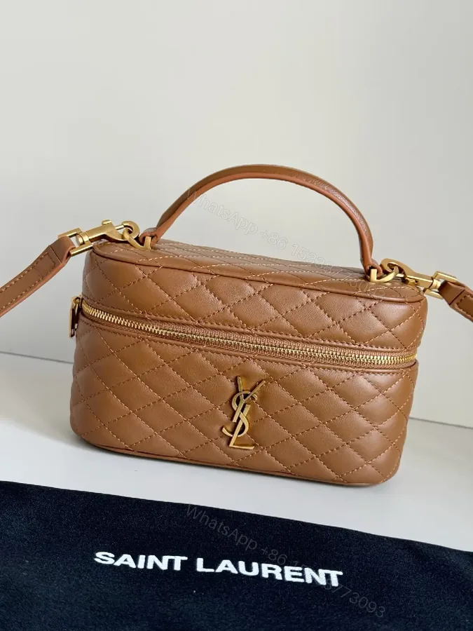 View 1 of Quilted Tan Mini Bag with Gold Hardware, Crossbody Style