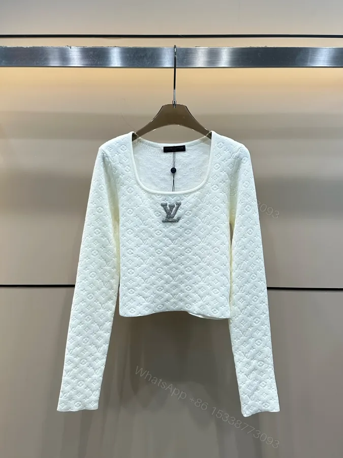 View 1 of LV高仿女士白色方領長袖短版上衣時尚修身款