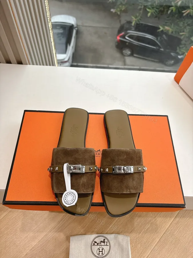 View 1 of Hermes Women Brown Suede Slide Sandals