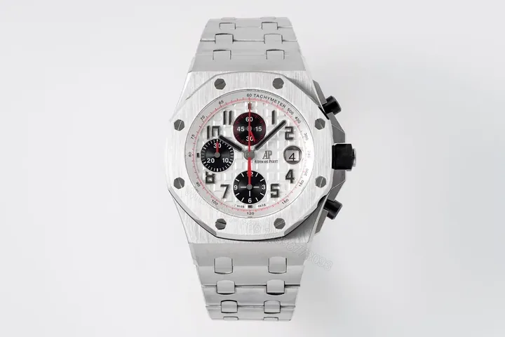 View 1 of JF Factory Audemars Piguet Royal Oak Offshore Stainless Steel Bracelet Watch with Exclusive 4404 Chronograph Movement – Silver Dial, Black Sub-dials
