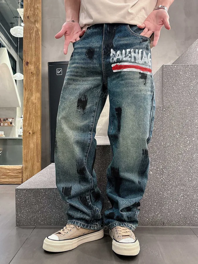 View 1 of Balenciaga高仿男士牛仔長褲潑墨刷色設計街頭寬鬆潮流款