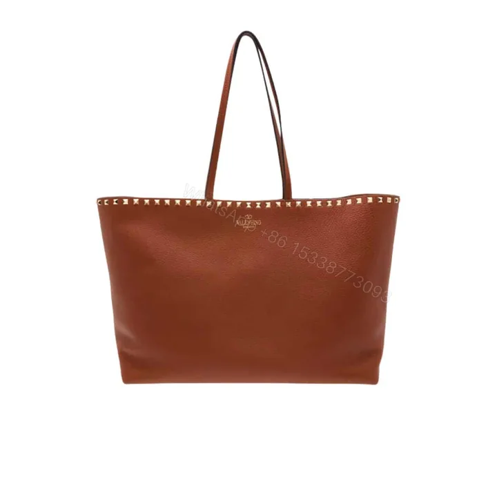 View 1 of VALENTINO GARAVANI ROCKSTUD GRAINY CALFSKIN TOTE BAG BROWN 35CM 1W2B0B70VSF HG5