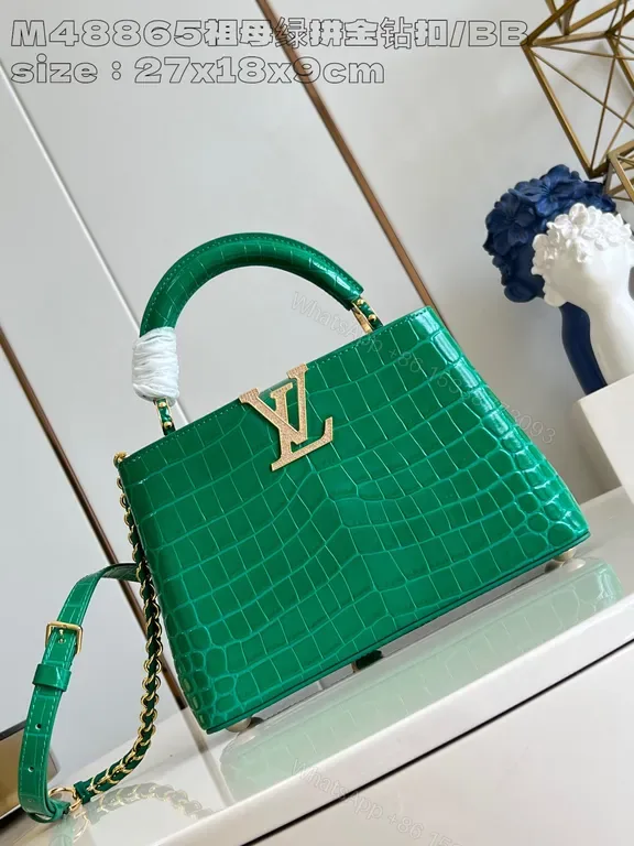 View 1 of Emerald Croc Satchel: Luxury Gold LV Accent Bag