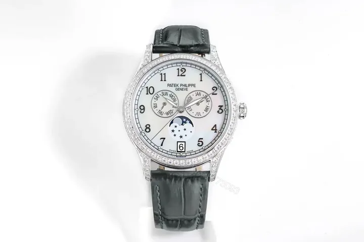 View 1 of Patek Philippe Complications Annual Calendar Moon Phase Women’s Watch 4947R/4947G 4948R/4948G Rose Gold/White Gold Diamond Set Case Black Leather Strap