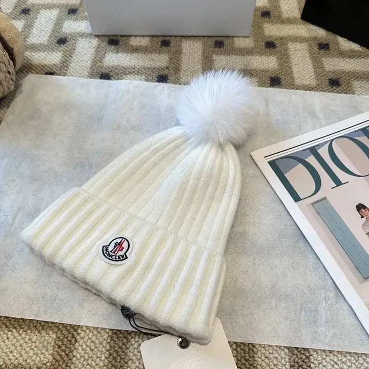 View 1 of Cozy Ivory Knit Beanie with Pom-Pom, Premium Luxe Style