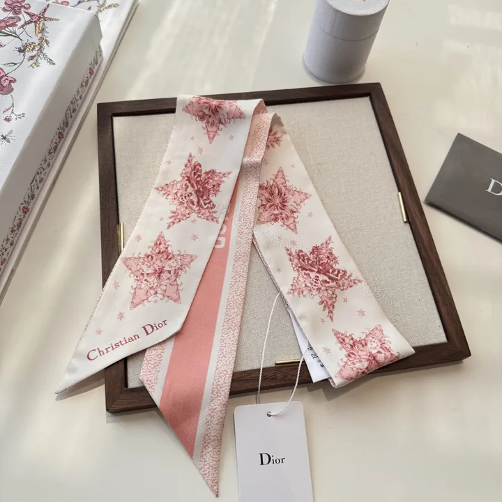 View 1 of DiorA貨粉色星芒花卉絲巾髮帶 法式雙面精品飄帶女款