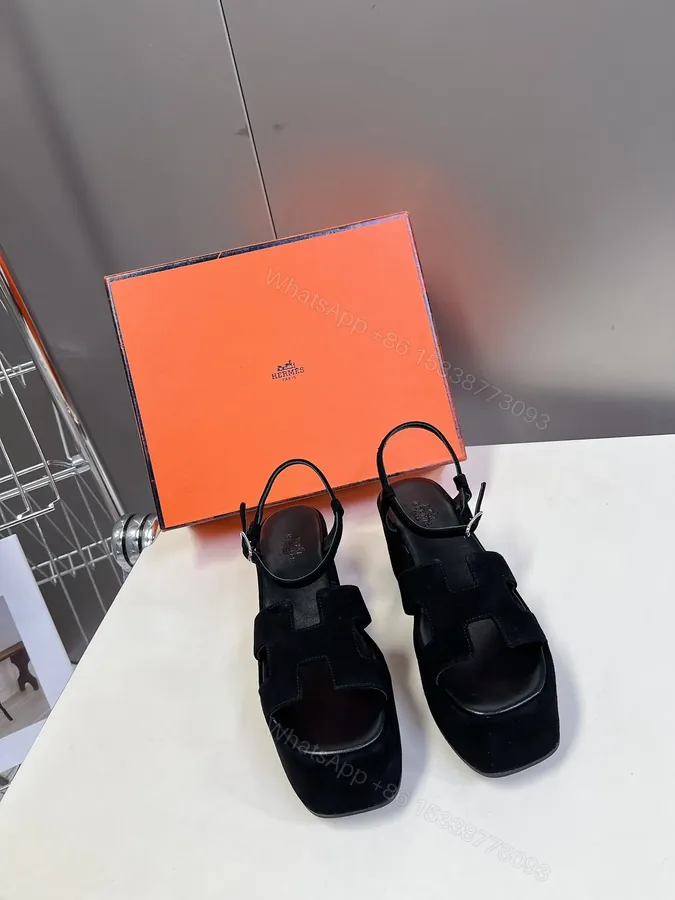 View 1 of Hermes Women Black Suede Slingback Sandals