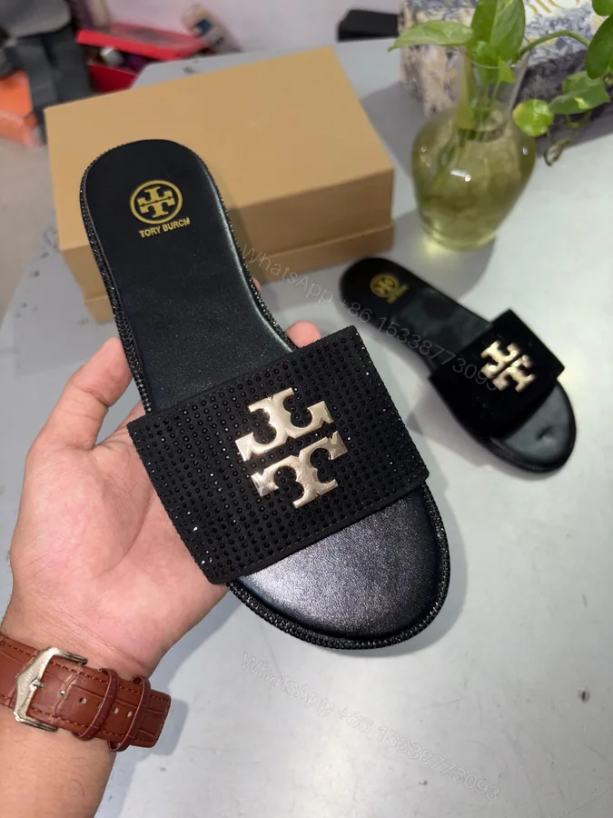 View 1 of FIRST COPY Tory Burch Everly Slide Sandals Light Black Gold Crystal
