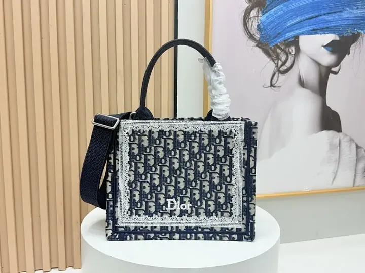 View 1 of Navy Monogram Textile Satchel: Structured Square Bag