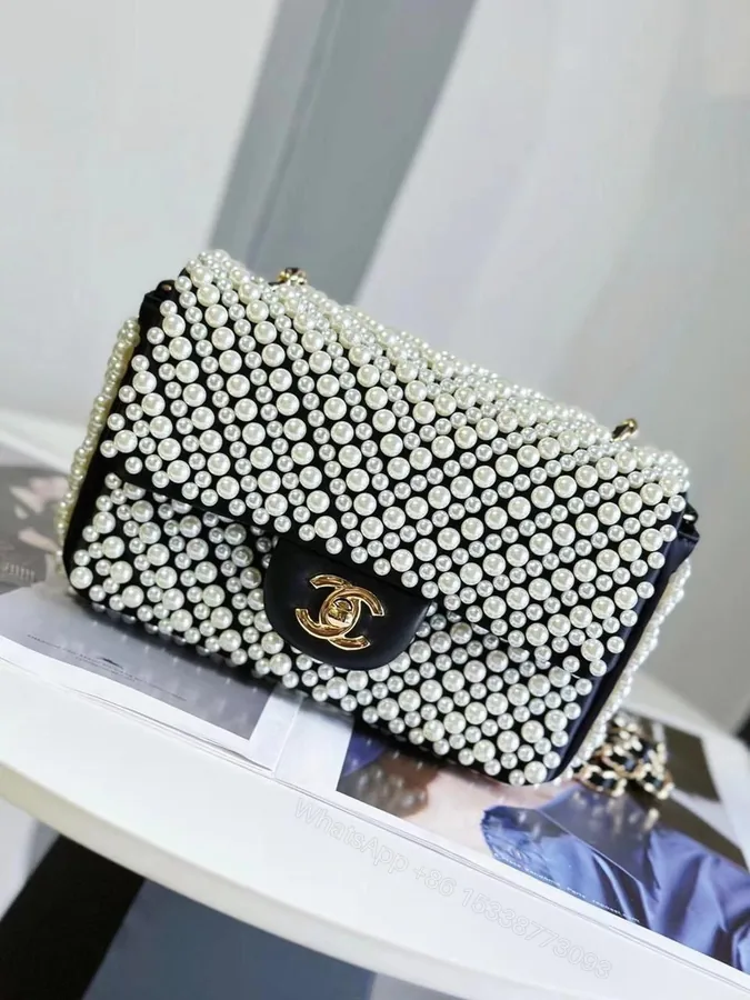 View 1 of Chanel Pearl Mini Flap Black Satin LGHW