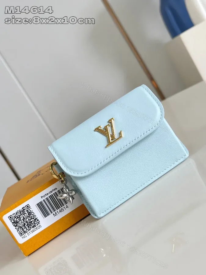 View 1 of Powder Blue Calfskin Mini Wallet with Gold Hardware