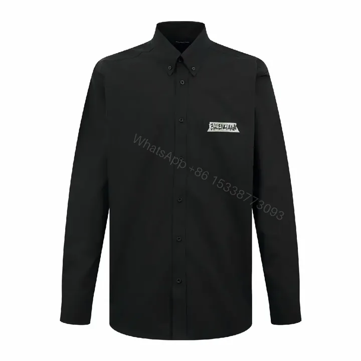 View 1 of Black Button-Down Shirt: Balenciaga-Inspired Patch, Modern Minimalist