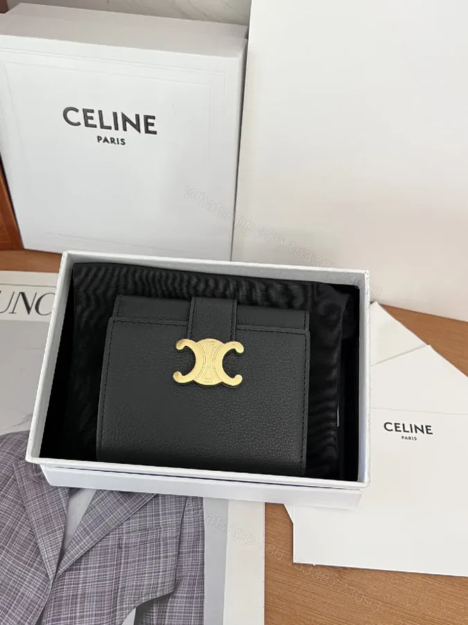View 1 of Compact Black Leather Wallet with Gold Hardware