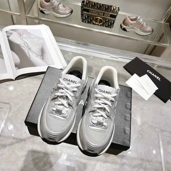 View 1 of Chic Silver-Accent Chanel-Inspired Luxury Sneakers