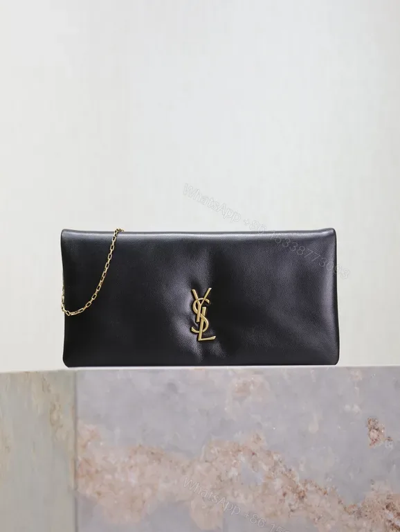 View 1 of Elegant Black Leather Clutch with YSL Gold Emblem - Night-Ready, All-Day Confidence