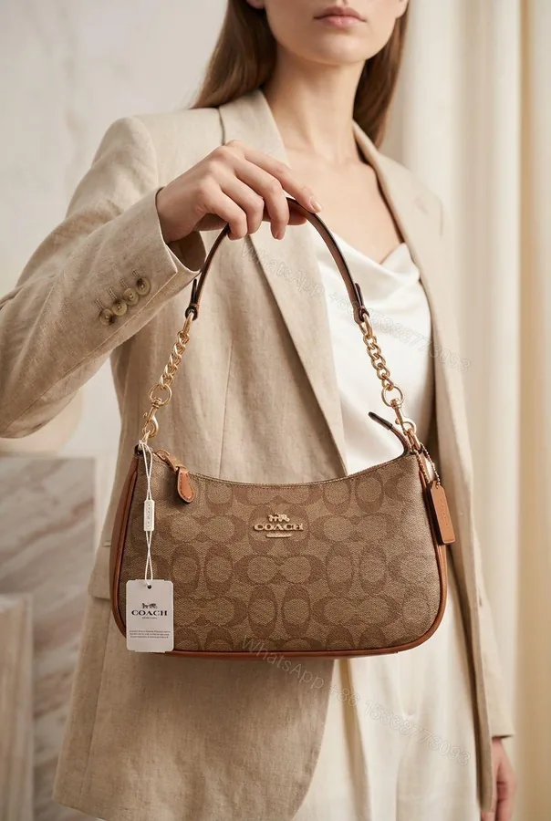 View 1 of Coach Teri Shoulder Bag Signature Canvas Printed Apricot First Copy | AAA+ Replica