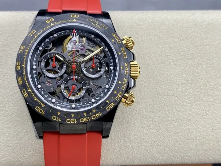 View 1 of Replica Rolex Daytona Blaken Skeleton Dial Red Rubber Strap 40mm