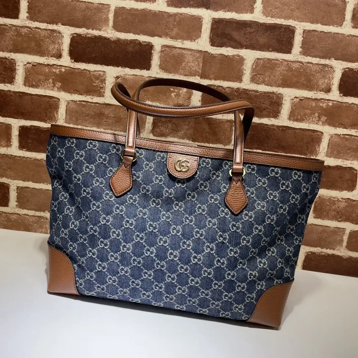 View 1 of Gucci Medium Tote GG Denim Bag Brown Navy blue Leather