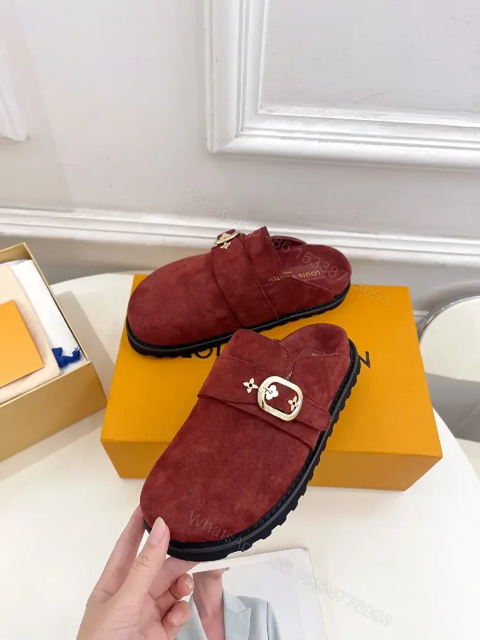 View 1 of Burgundy Suede Slipper Mule with Gold Buckle