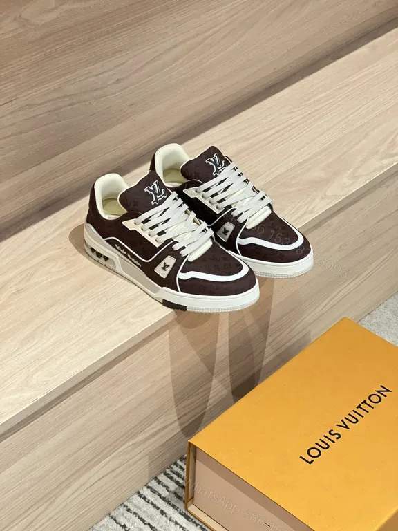 View 1 of Brown Leather Low-Top Sneakers with LV Monogram, White Trim and Sole