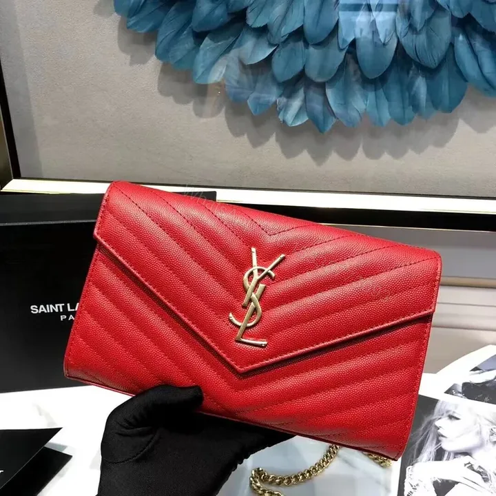View 1 of Bold Red YSL Wallet On Chain â€” Glamorous Compact Style