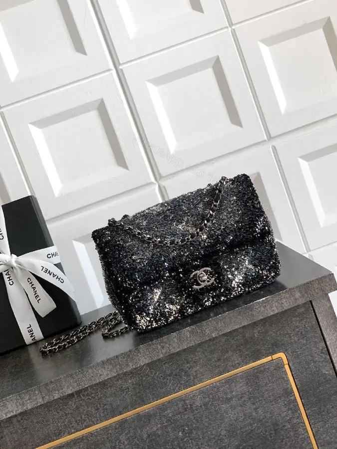 View 1 of Glossy Night Out Bag: Sequin-Quilted Chain-Top Shoulder Bag
