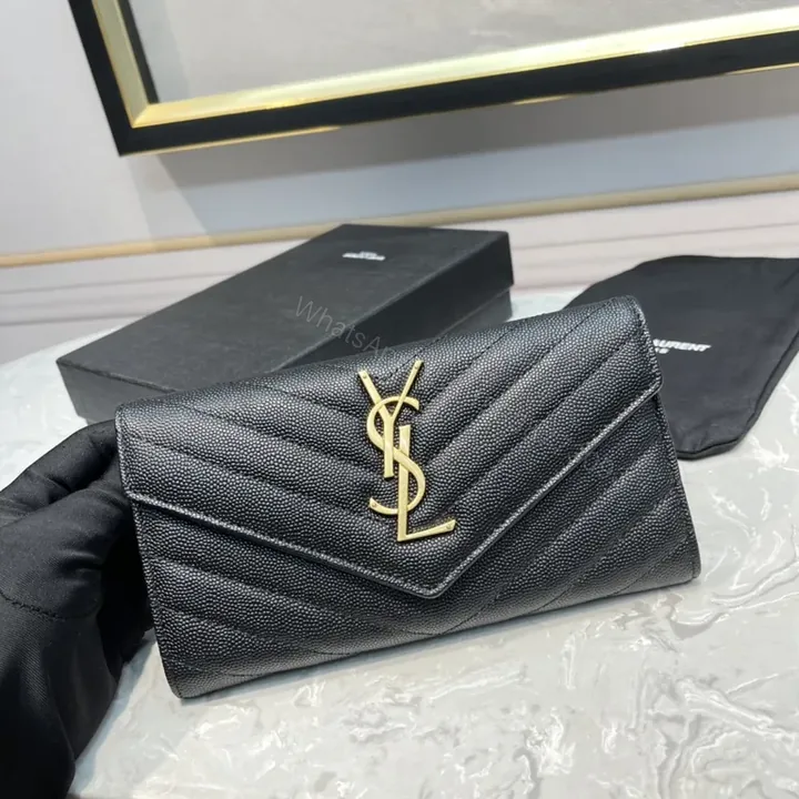 View 1 of Sleek Black Pebbled Leather Envelope Wallet - YSL Signature