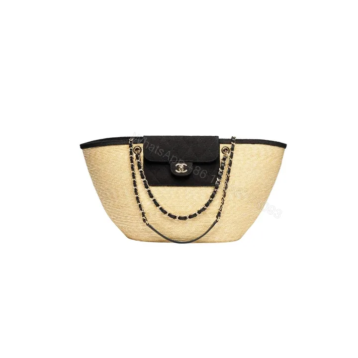 View 1 of Chanel Small Shopping Bag Braided Straw Beige Black 25Cm