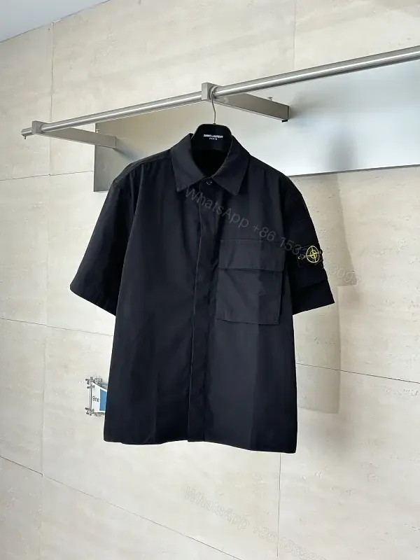 View 1 of Black Cotton Oversized Short-Sleeve Shirt with Pocketed Front, Military Style, Stone Island inspired