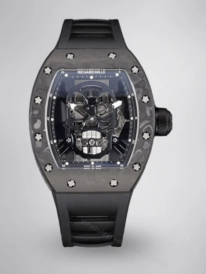 View 1 of Replica Richard Mille RM 052 Black Carbon Fiber Case Skeleton Skull Dial Men’s Luxury Watch