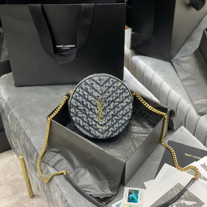 View 1 of Saint Laurent YSL Women Vinyle Round Camera Bag in Chevron-Quilted Denim and Suede