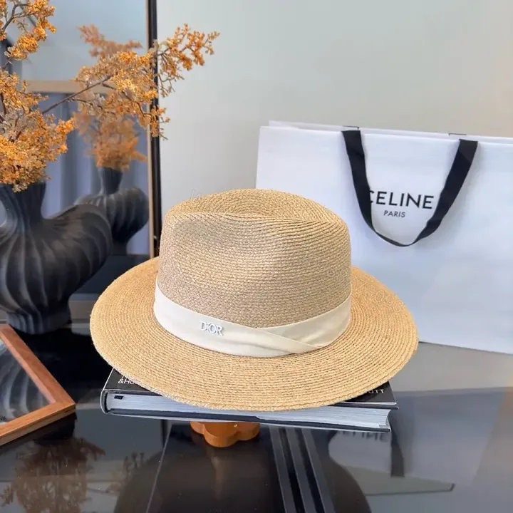View 1 of Beige Straw Wide-Brim Hat Satin-Band Dior-Logo Crown