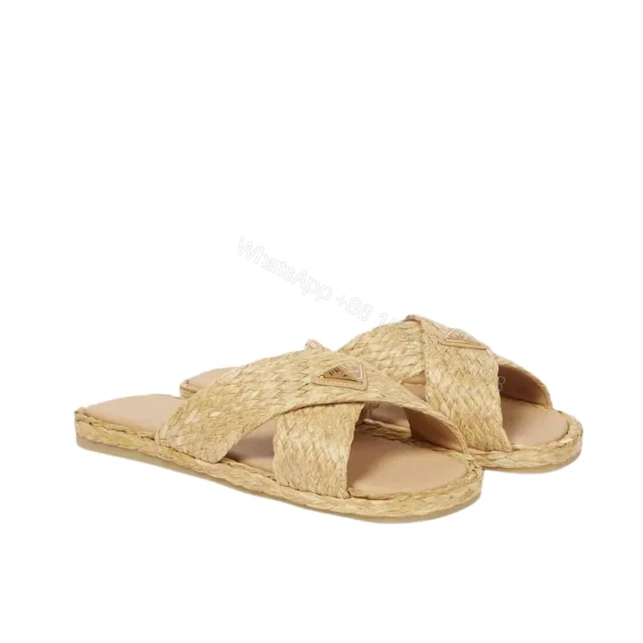 View 1 of PRADA RAFFIA CRISSCROSS SLIDES NATURAL