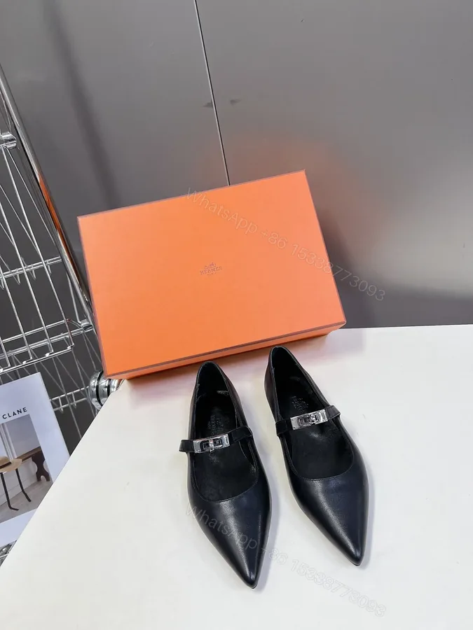 View 1 of Hermes Women Black Leather Pointed Toe Flats