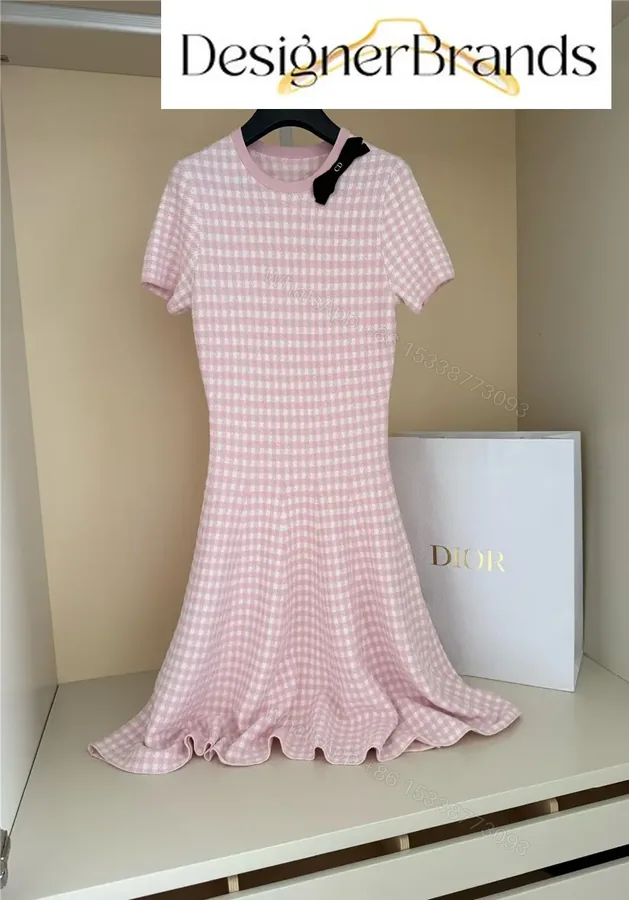 View 1 of Dior Pink and White Plaid Knitted Dress
