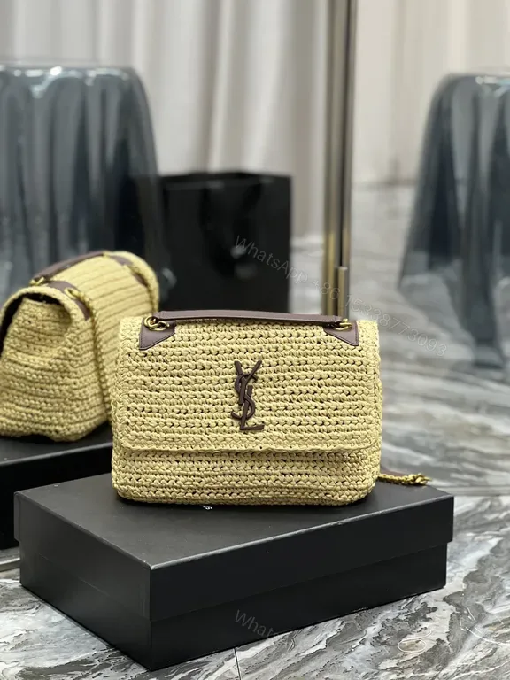 View 1 of Neutral Raffia Chain Bag: YSL-Emblem Luxe Crossbody Bag