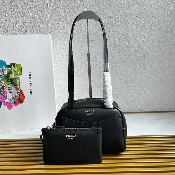View 1 of Black Leather Structured Handbag with Gold Zipper Pouch - Prada Milano Style