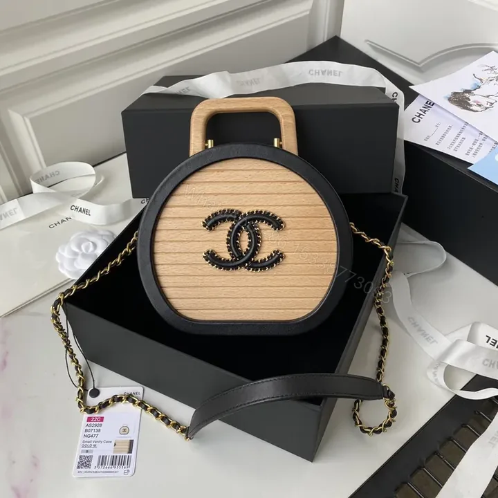 View 1 of Round Wood-Panel Shoulder Bag with Logo