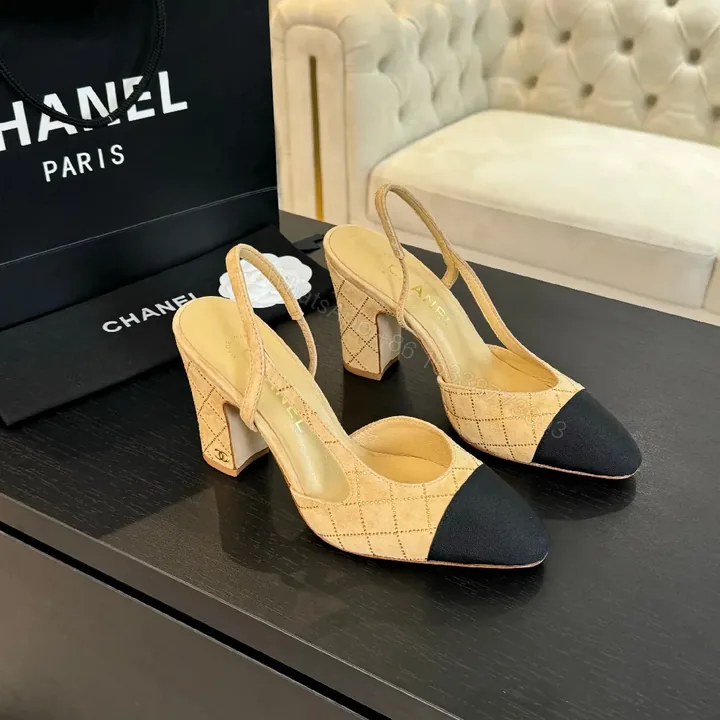 View 1 of Beige Knit Slingback Heels: Two-Tone Cap-Toe Pump