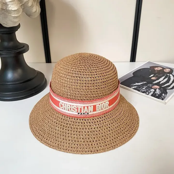 View 1 of Light Brown Straw Hat Wide Brim Red Dior Band Hat