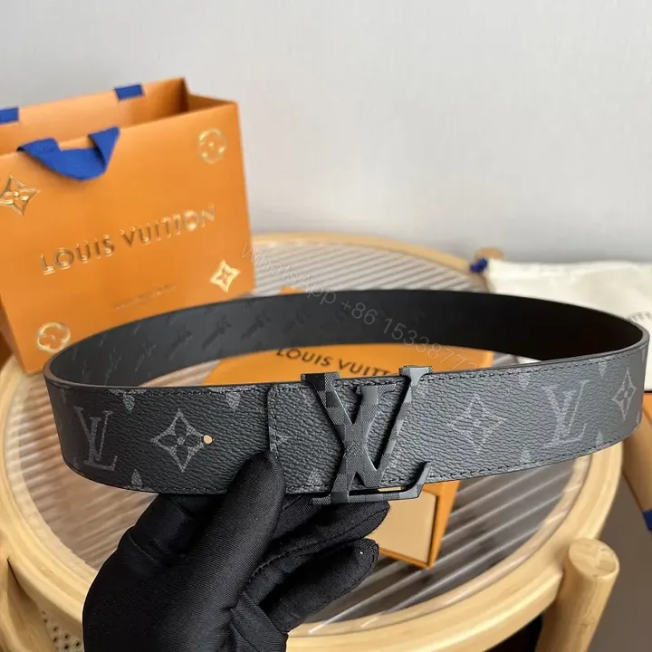 View 1 of Black Leather Belt Modern Slick LV Monogram Buckle Belt