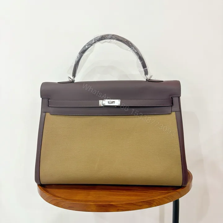 View 1 of Hermès 高仿 Kelly 40 酒紫色拼接帆布手提包 高質感大容量精品包