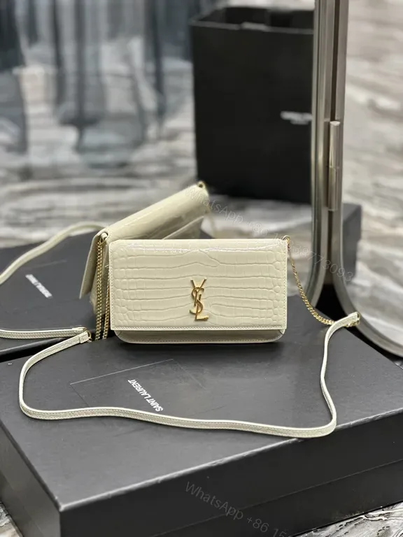 View 1 of Croc-Texture Mini Bag: Luxe YSL Gold Monogram Crossbody