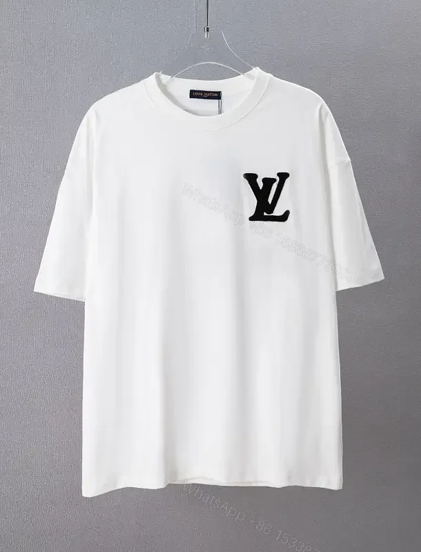View 1 of White Cotton Relaxed-Fit T-Shirt with Black LV Logo Embroidery Crew Neck Short Sleeve