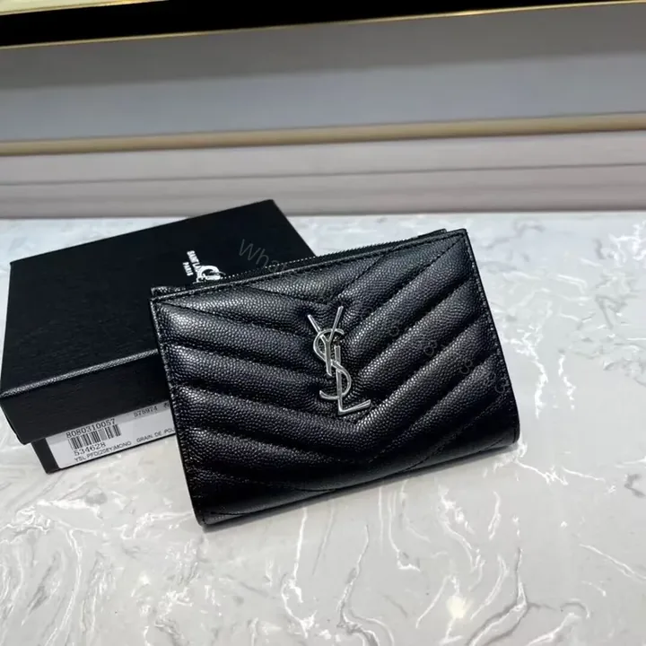 View 1 of Chevron-Quilted Black Wallet â€” Slim YSL Style Wallet