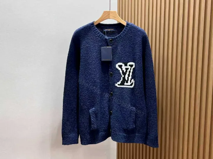 View 1 of Textured Knit Cardigan Navy Bouclé Monogram Accent Luxury Knitwear