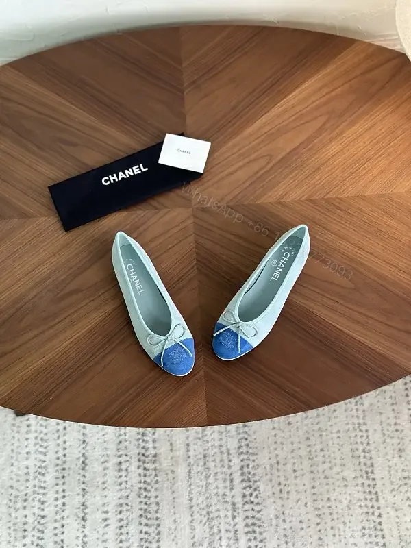 View 1 of Grey leather ballet flats with blue cap-toe and bow, luxury everyday wear