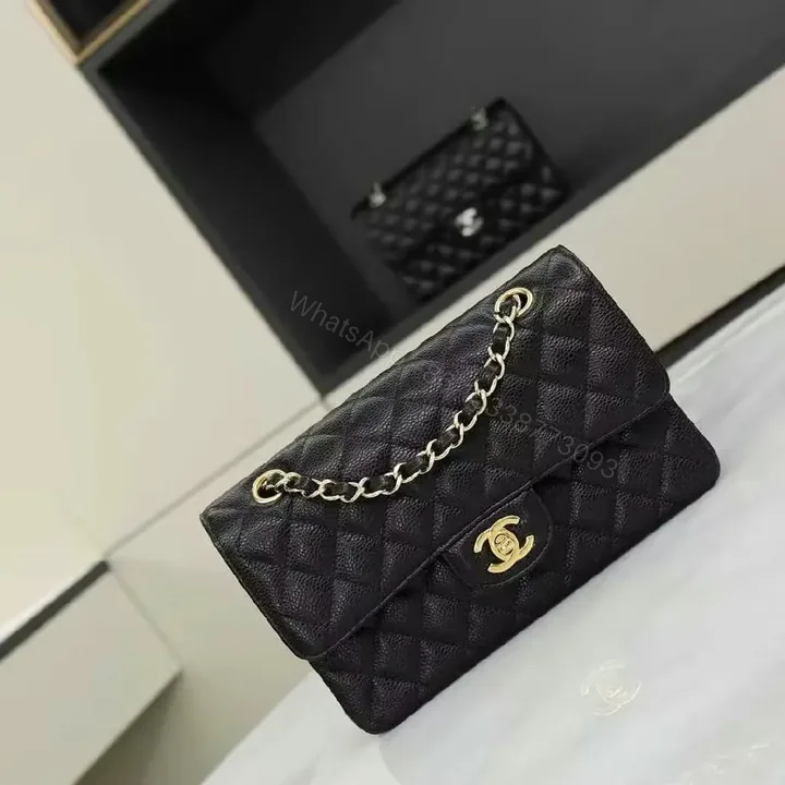 View 1 of Quilted Leather Black Bag: Gold Chain, Turn-Lock Flair, Compact Flap Shoulder Bag